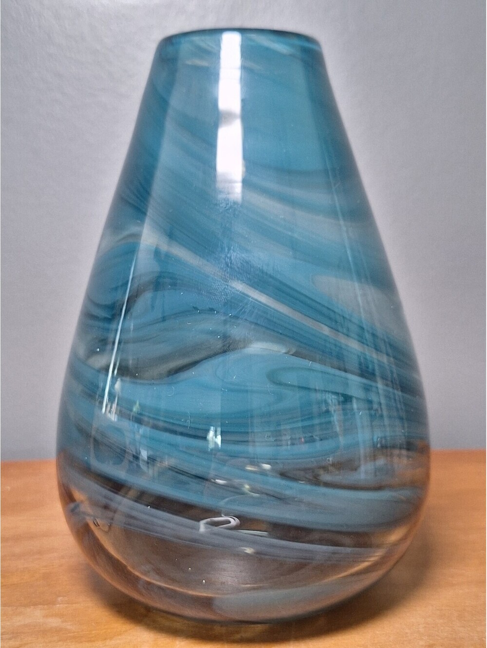 handblown art glass vase teal and white swirled pattern